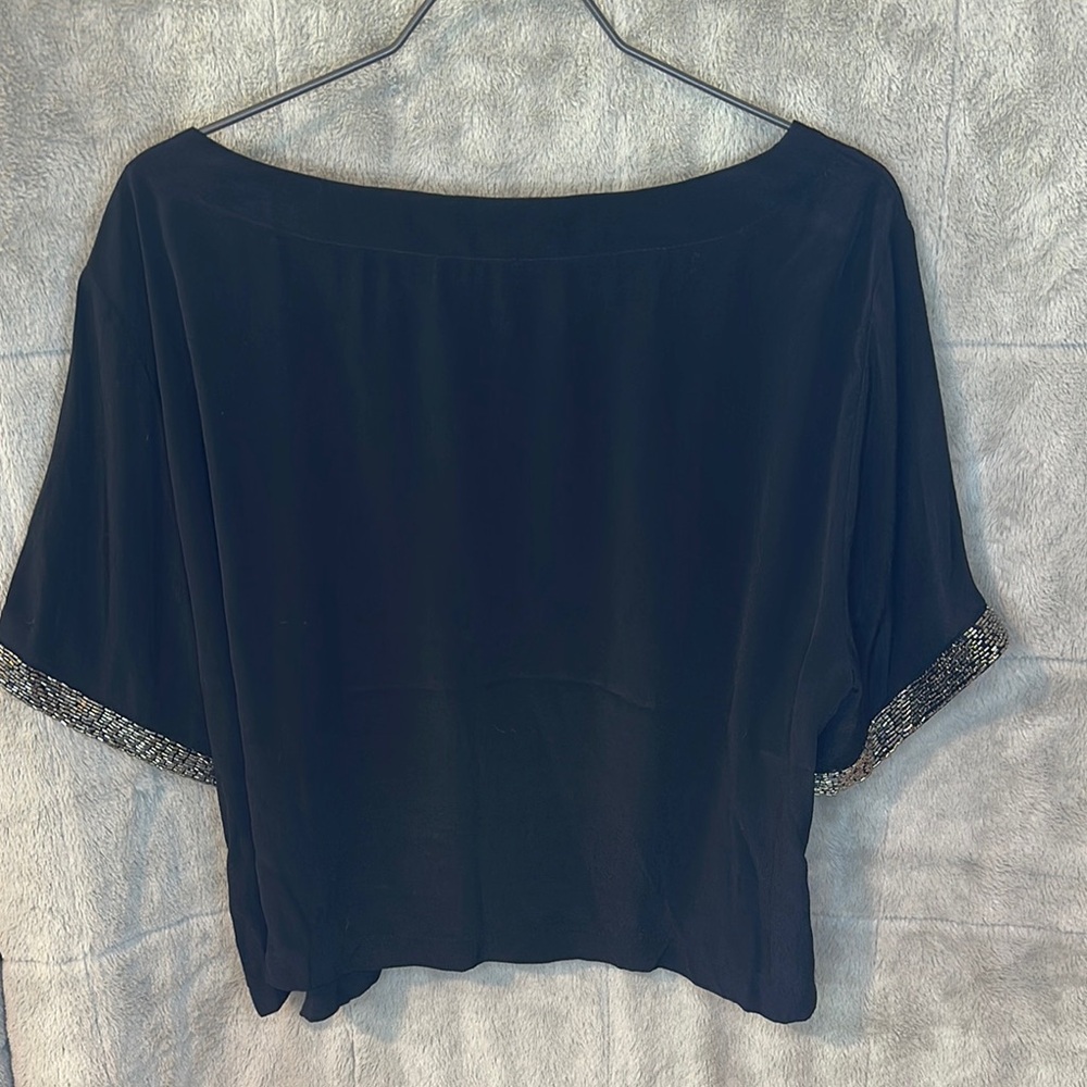 Astr Black Silk with Bead Cuffed Sleeve Crop Blouse - Picture 6 of 8